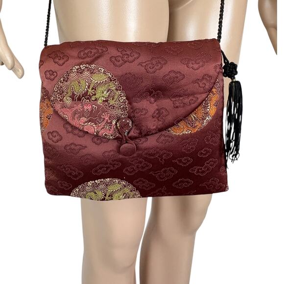 Y2K Handmade Pure Silk Embroidered Dragon Crossbody Bag Boho Asian Party Club - Picture 1 of 9